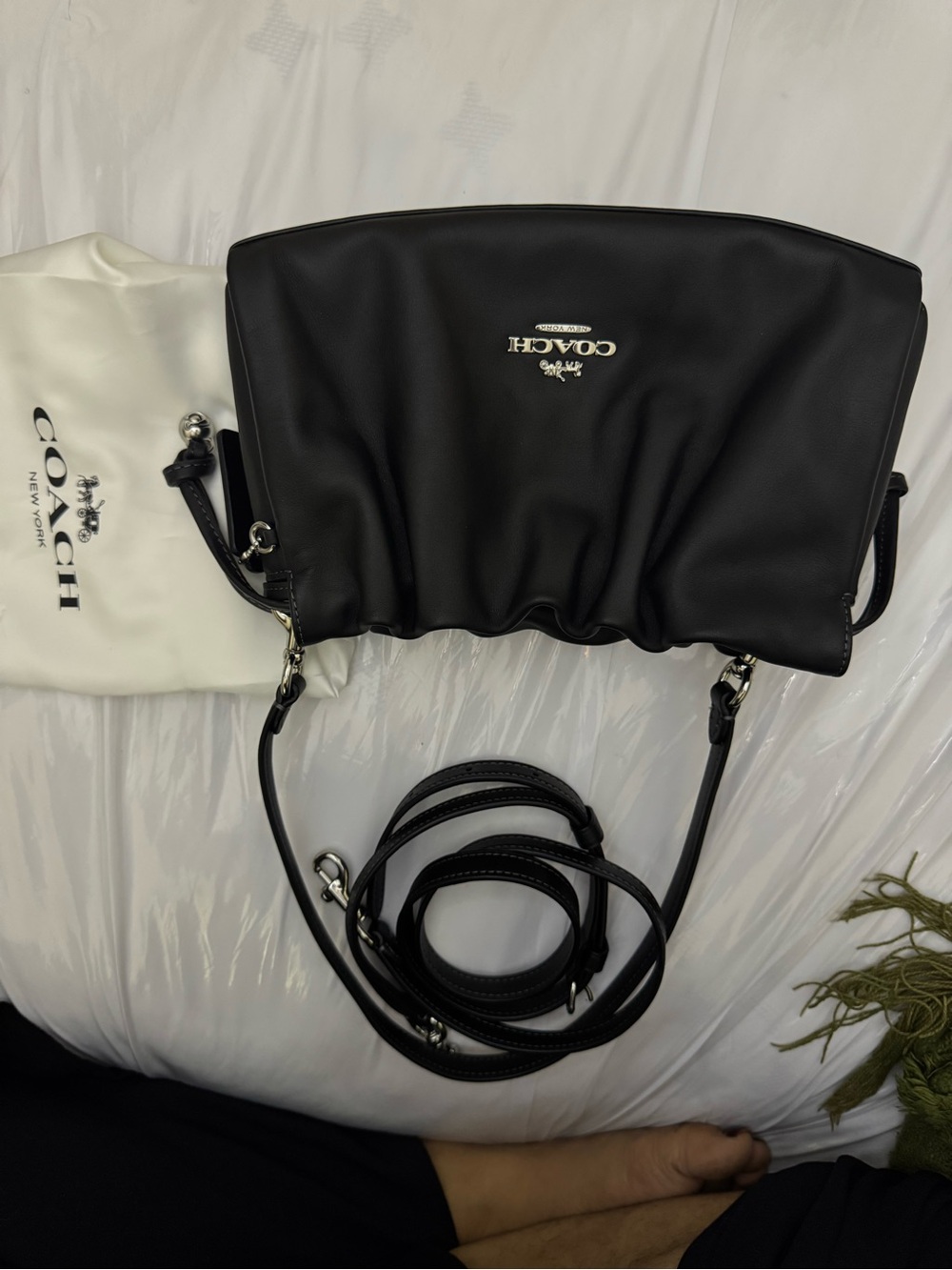 Coach Black Leather Gathered Crossbody Bag with Silver Logo